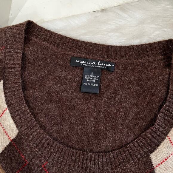 NEW Marina Luna Cashmere Argyle Classic Preppy Timeless Layering Sweater S NWOT - Picture 12 of 15